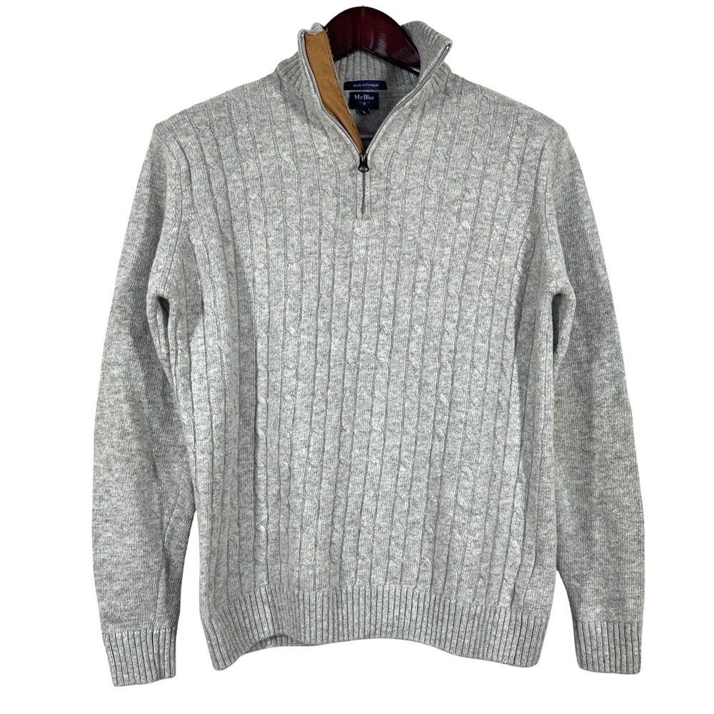 Mr Blue Wool Blend Cable Knit 1/4 Zip Sweater Mens L Slim Fit Pullover